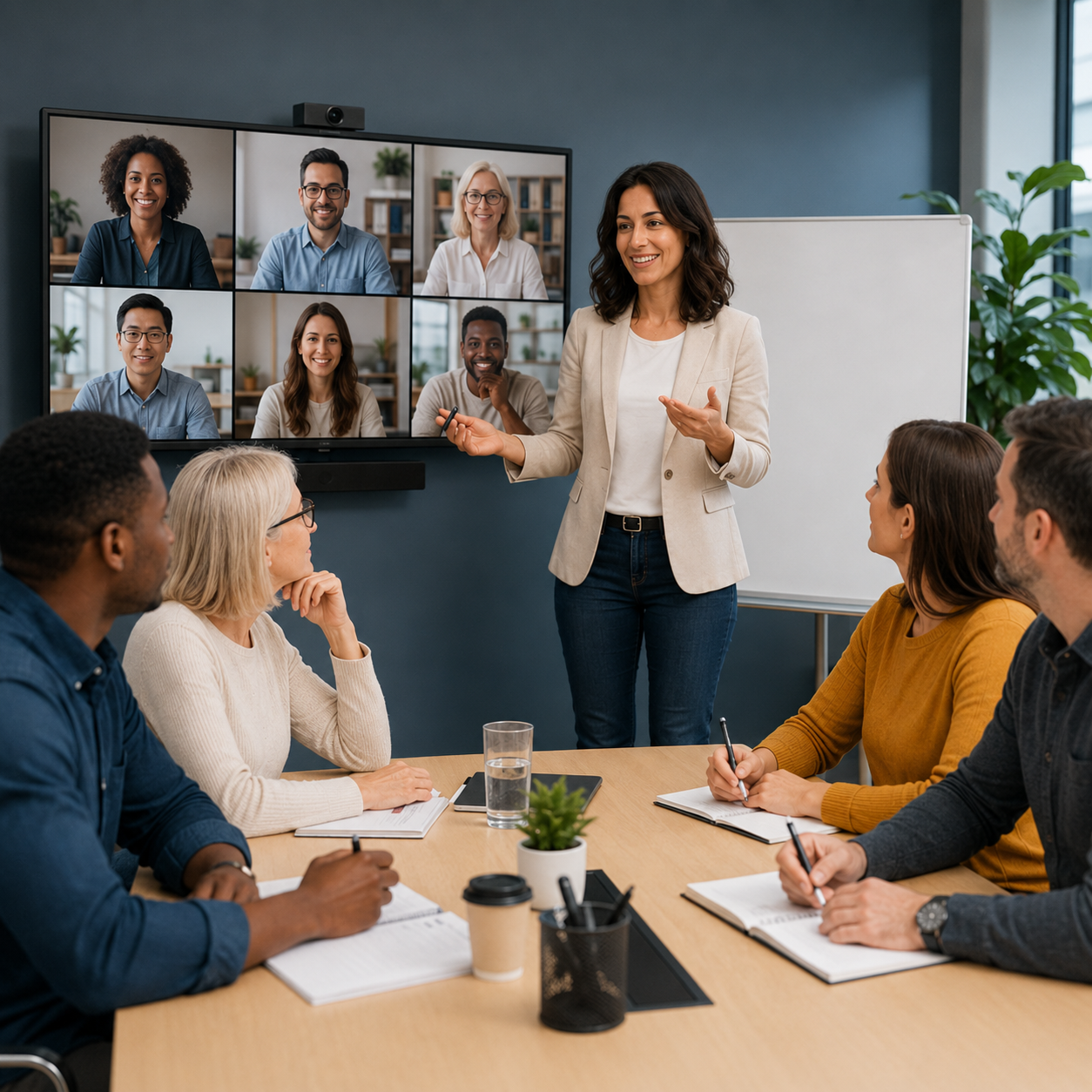 Formatrice animant une formation hybride avec des apprenants en présentiel et à distance